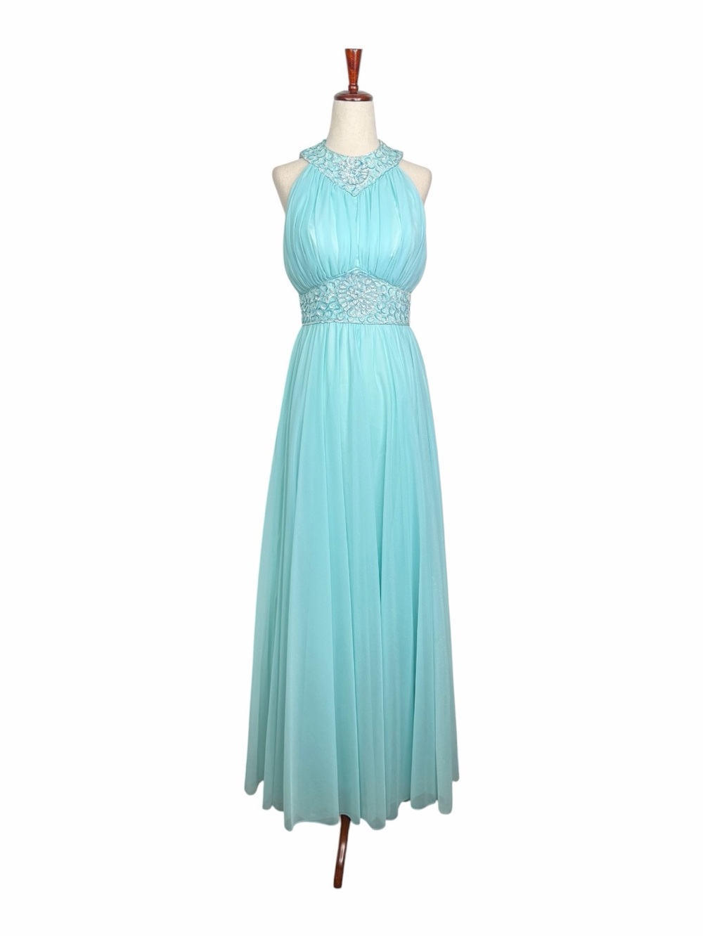 Vintage 60s Mike Benet Sequin Beaded Blue Chiffon Halter Evening Gown Dress XS